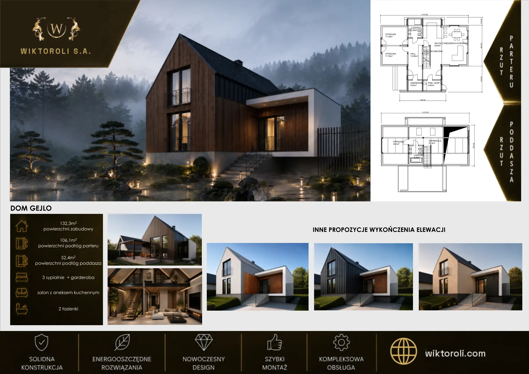 Katalog domów modułowych Wiktoroli – dom Gejlo: wizualizacja, rzuty i metraż