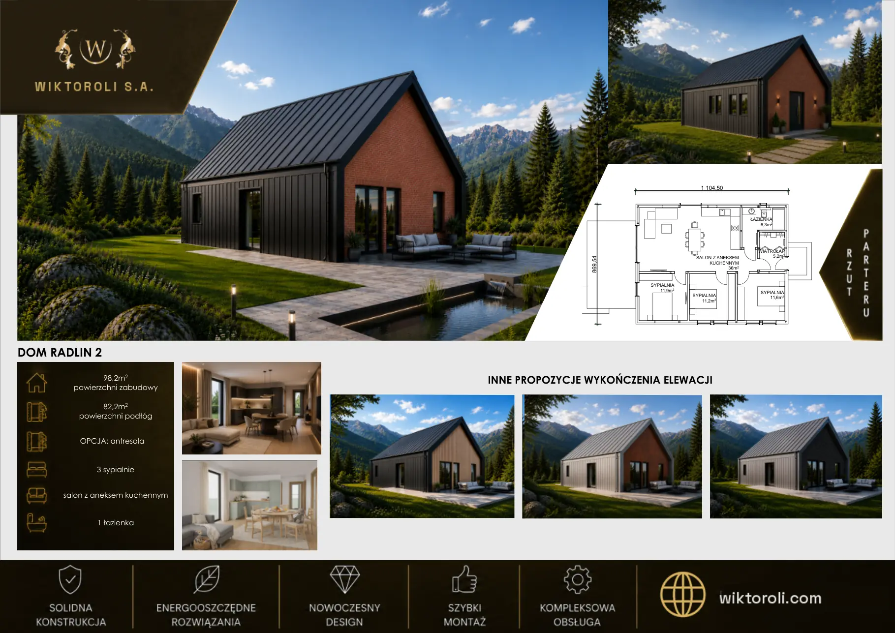 Katalog domów modułowych Wiktoroli – dom Radlin 2: wizualizacja, rzuty i metraż