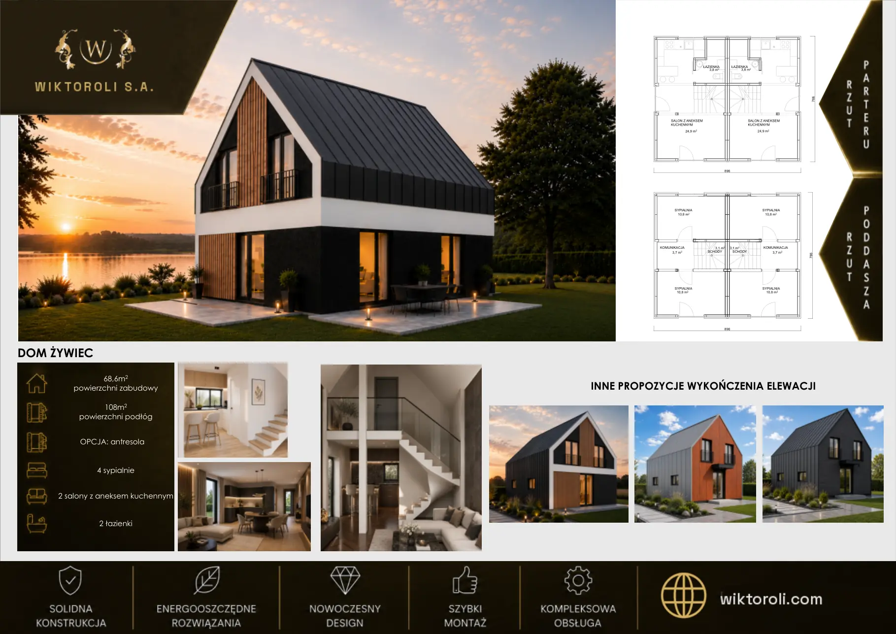 Katalog domów modułowych Wiktoroli – dom Żywiec: wizualizacja, rzuty i metraż