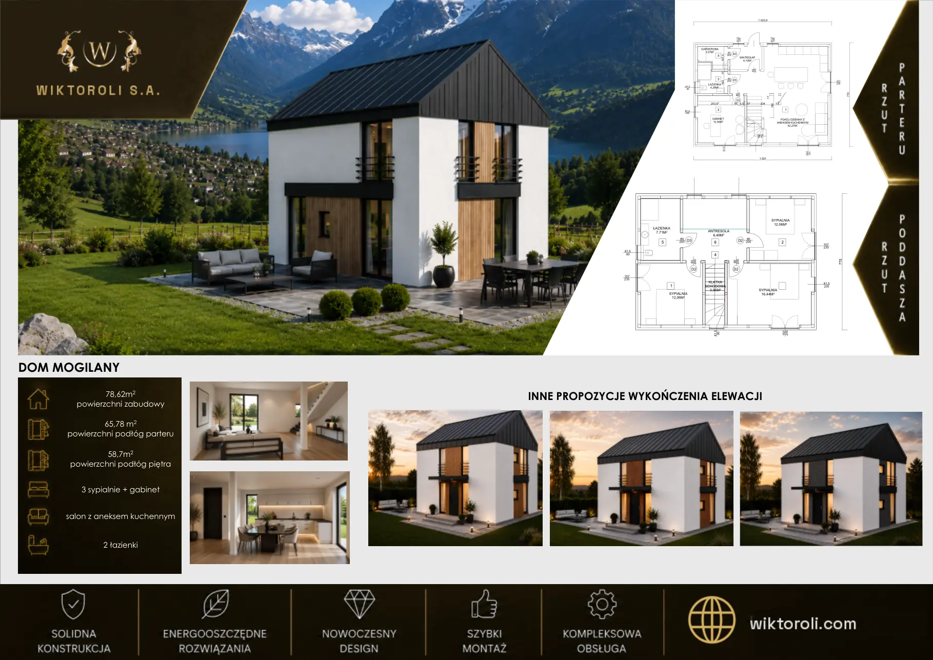 Katalog domów modułowych Wiktoroli – dom Mogilany: wizualizacja, rzuty i metraż