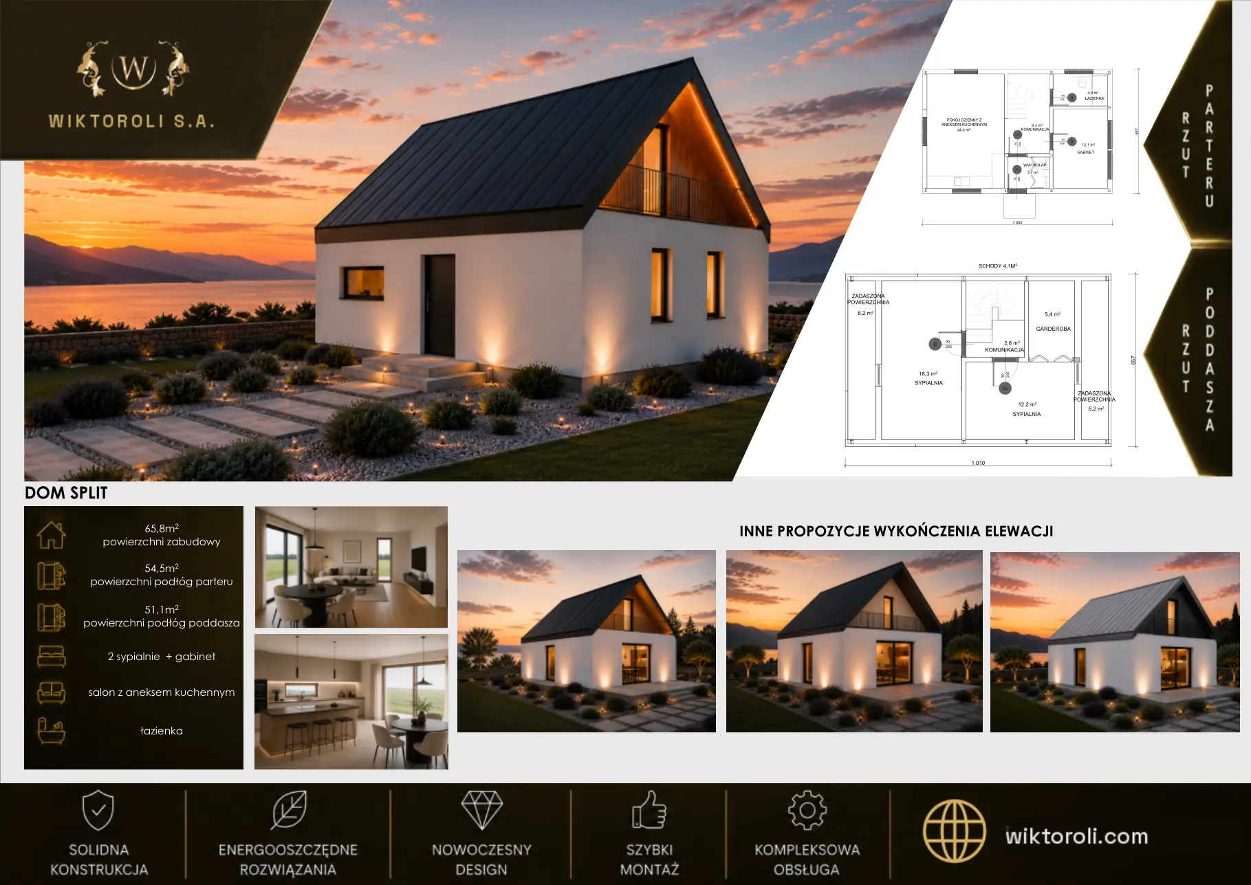 Katalog domów modułowych Wiktoroli – dom Split: wizualizacja, rzuty i metraż